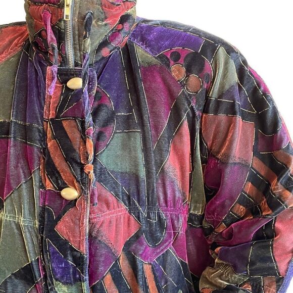 Vintage 80s Oversized Womens Velvet Jewel Toned Geometric Retro Ski Jacket Sz M - Picture 3 of 9